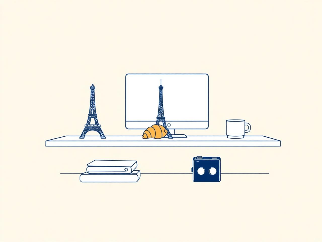 Atelier français : bureau minimaliste avec Tour Eiffel, café et écran